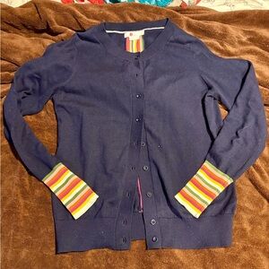 Boden Navy Cardigan w/ Colorful Striped Cuffs & Back Detail – Size M